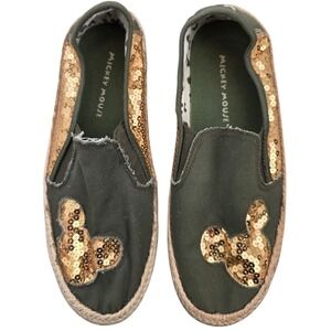 Mickey Mouse Slip On Espadrille Flats Women Size 10 Green Gold Sequins
